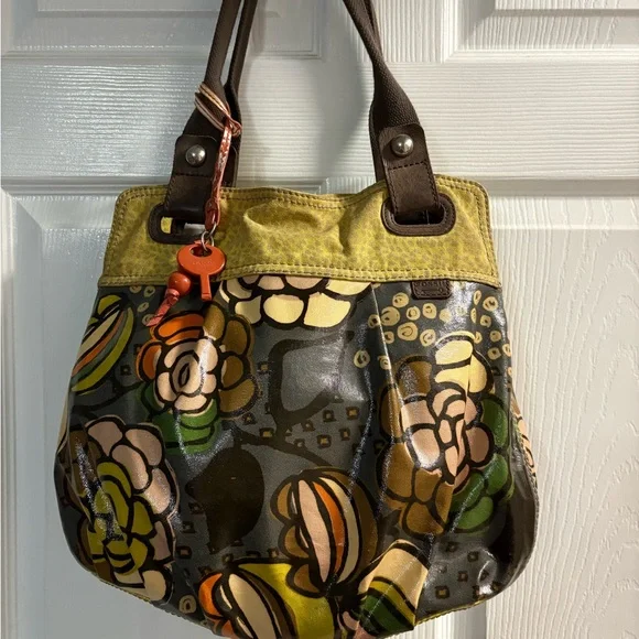 Chic Floral Shoulder Bag - Yellow and Brown 3 piece Key-Per Fossil Set Like New - Picture 2 of 16